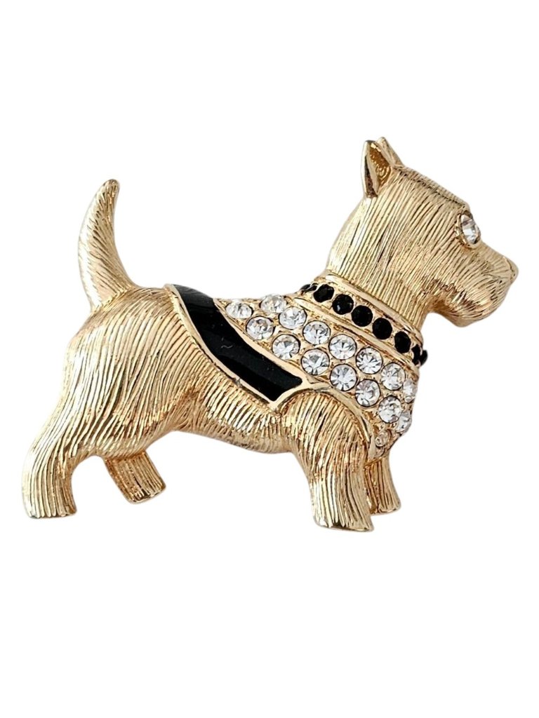 Swarovski Terrier Brooch, Black Enamel Clear Crystal Dog Pin Signed, J98